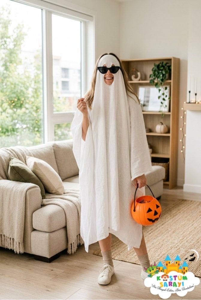 Son dakika hazırlanabilen pratik halloween kostüm fikirleri beyaz hayalet konsepti