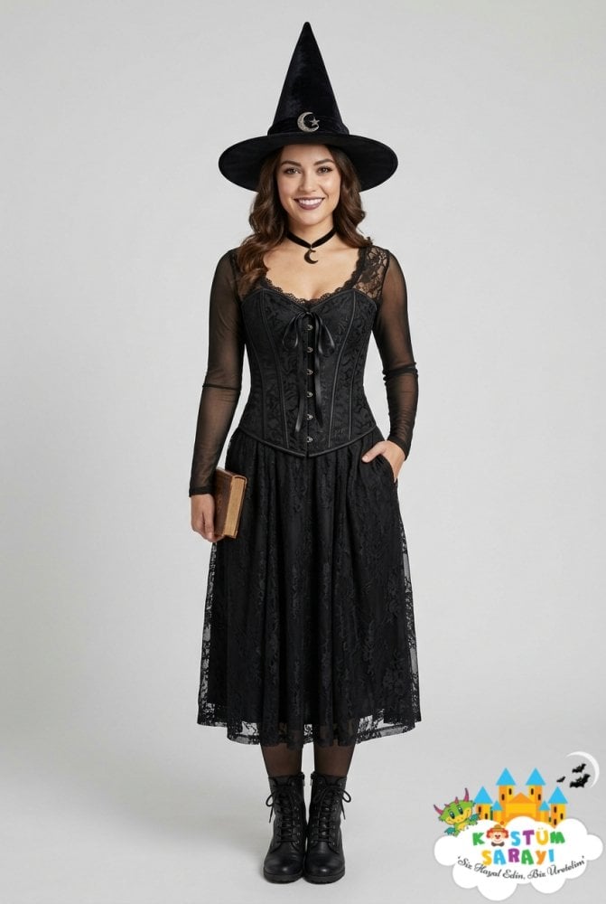 Halloween kostüm fikirleri kadın klasik gotik cadı ve siyah dantelli elbise modeli