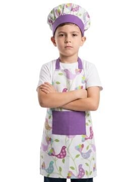 Aşçı Önlüğü ve Şapkası Kuş Desenli