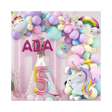 3 Harfli Yaş Seçenekli Gökkuşağı Konseptli Unicorn Temalı Makaron Balon Doğum Günü Parti Kutlama Seti 5 Yaş