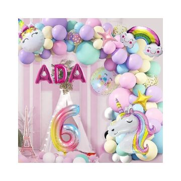 3 Harfli Yaş Seçenekli Gökkuşağı Konseptli Unicorn Temalı Makaron Balon Doğum Günü Parti Kutlama Seti 6 Yaş