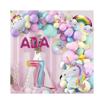 3 Harfli Yaş Seçenekli Gökkuşağı Konseptli Unicorn Temalı Makaron Balon Doğum Günü Parti Kutlama Seti 7 Yaş