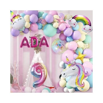 3 Harfli Yaş Seçenekli Gökkuşağı Konseptli Unicorn Temalı Makaron Balon Doğum Günü Parti Kutlama Seti 9 Yaş