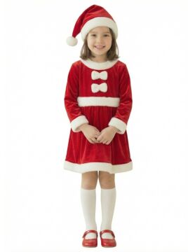 Kadife Kumaş Fiyonklu Noel Anne Kostümü