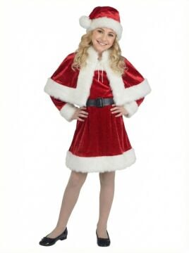 Kadife Kumaş Pelerinli Noel Anne Kostümü
