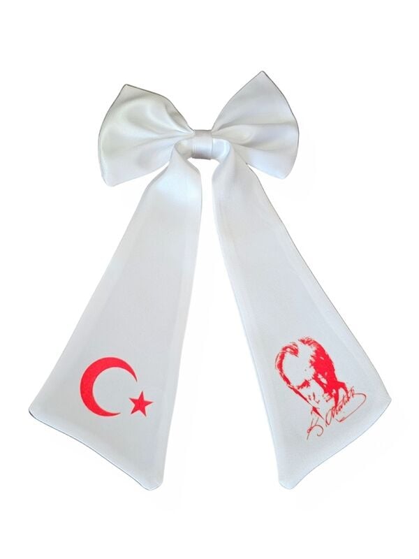 Ay Yıldız Atatürk Baskılı Fiyonklu Beyaz Saç Tokası