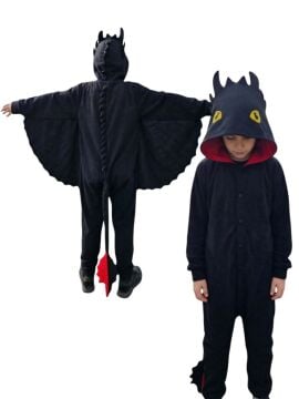 Dişsiz Ejderha Kostümü | Siyah Ejderha Pijama Tulum Kostüm
