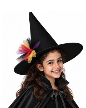 Halloween Cadı Şapkası Tül Detaylı Siyah