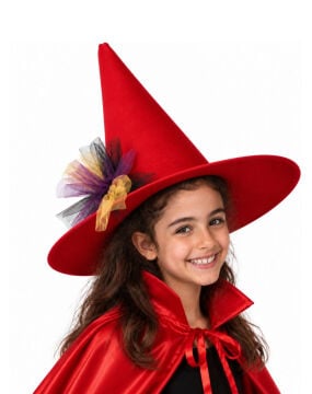 Halloween Cadı Şapkası Tül Detaylı Kırmızı