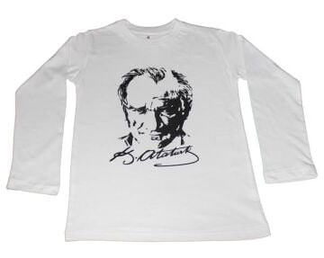 Atatürk Baskılı Tişört Uzun Kollu 10-11 Yaş - Beyaz