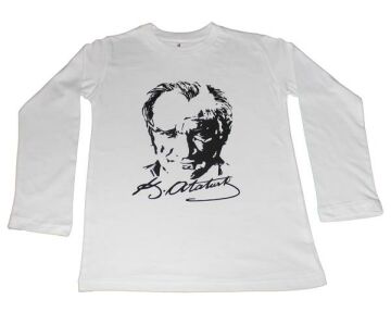 Atatürk Baskılı Tişört Uzun Kollu 10-11 Yaş - Beyaz