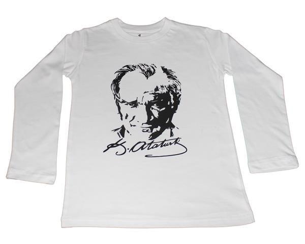 Atatürk Baskılı Tişört Uzun Kollu 12-13 Yaş - Beyaz