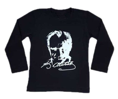Atatürk Baskılı Tişört Uzun Kollu 12-13 Yaş - Siyah