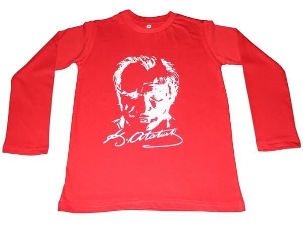 Atatürk Baskılı Tişört Uzun Kollu 8-9 Yaş - Kırmızı