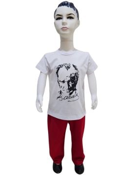 Atatürk Baskılı Beyaz Tişört Kırmızı Pantolon Takım
