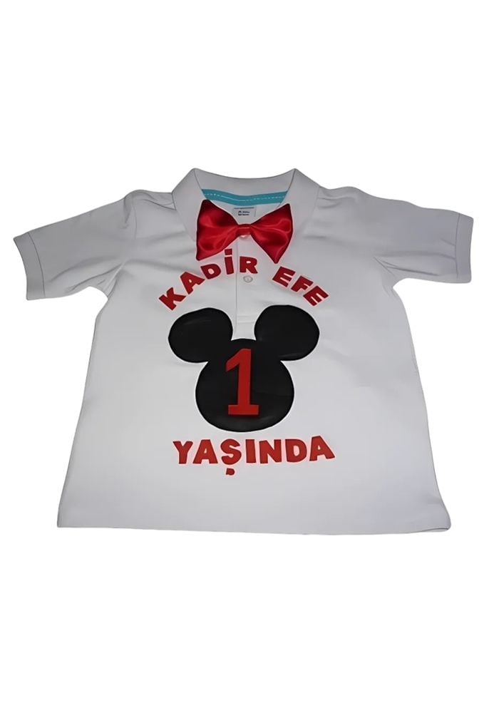 Mickey Mouse Keçe Aplikeli Doğum Günü Temalı Lakos Tişört