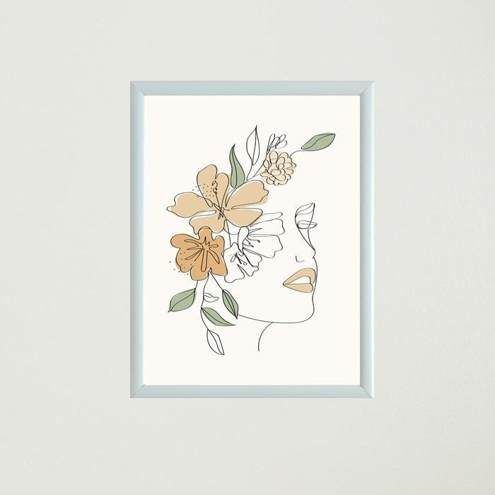 Çiçekli Kadın Silüet Çizim Çerçeveli Poster Tablo T1339