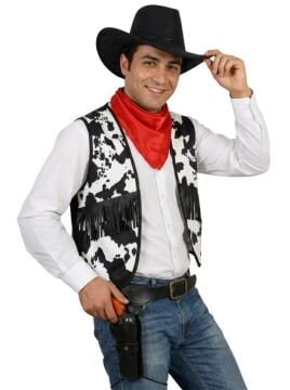 Yetişkin Kovboy Yelek ve Fular Siyah - XL Beden