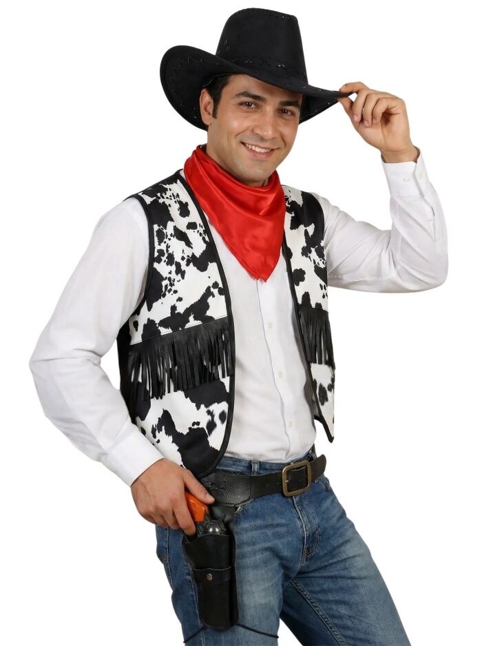 Yetişkin Kovboy Yelek ve Fular Siyah - XL Beden